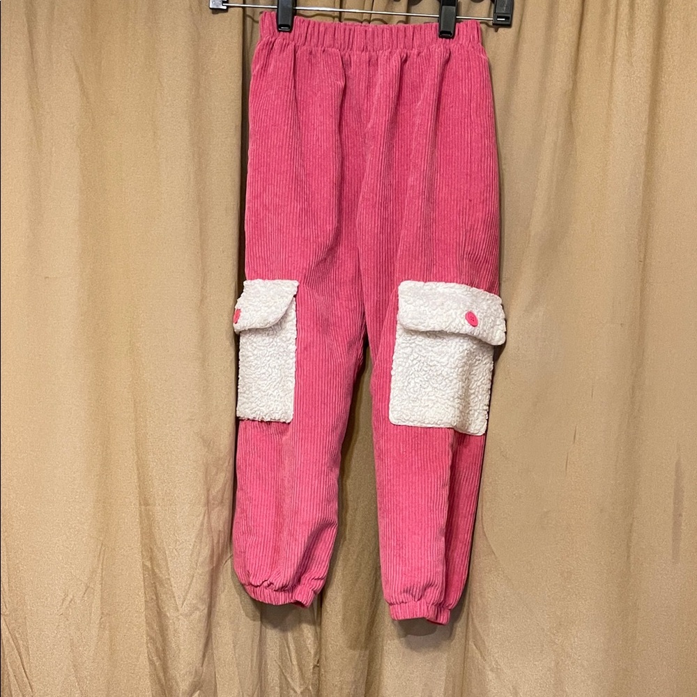 Pink Corduroy Kids Pants with White Pockets